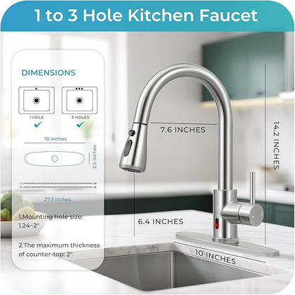 Touchless Kitchen Faucet with Pull Down Sprayer - Brushed Nickel Single Handle Kitchen Faucets, High Arc Stainless Steel Pull Out Kitchen Sink Faucet with Deck for RV Laundry Farmhouse Bar