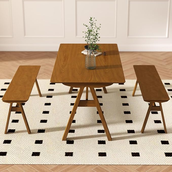 DUOMAY Wooden Dining Table with Bench Set, 59" Wide Rectangle Kitchen Table with 2 Long Benches for 4-6 for Home Small Space, Walnut Color