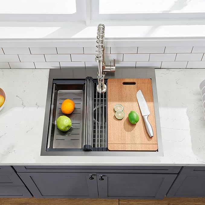 SHACO 25x22 Black Drop In Kitchen Sink, 25 Inch Topmount Stainless Steel Workstation Sink, Single Bowl Bar Prep RV Laundry Small Kitchen Sink with Cutting Board