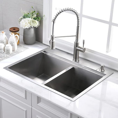 33 Inch Double Bowl Drop In Kitchen Sink Workstation - VOKIM 33 x 22 Inch Stainless Steel sink 16 Gauge Stainless Steel Drop In Kitchen Sink 10 Inch Deep 50/50 Double Bowl Sink