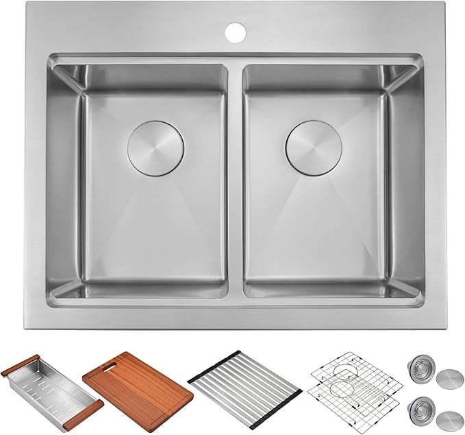 MILOSEN 26 Inch Double Bowl Kitchen Sink, 26''x22'' Drop in 16 Gauge T304 Stainless Steel Sinks, Workstation Sink 50/50 Topmount Double Basin with Accessories, 10'' Deep Laundry Outdoor Sinks
