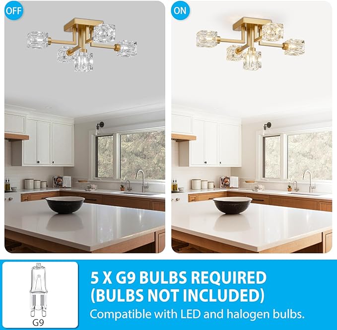XINGQI Sputnik Chandelier Gold Modern Semi Flush Mount Ceiling Light Glass 5 Lights Farmhouse Lighting Fixtures for Dining Room Living Room Kitchen Bedroom