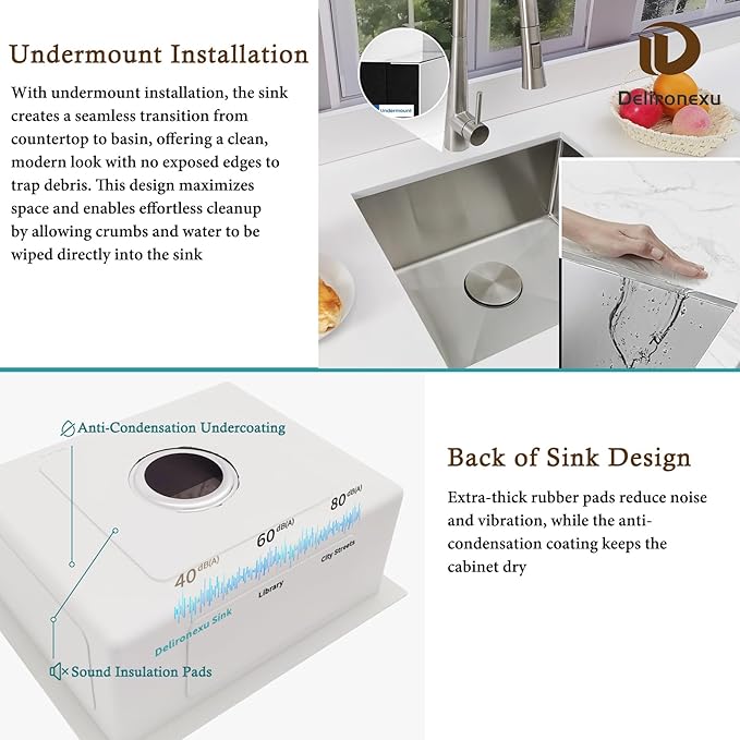 16 Inch Bar Sink Undermount – Delironexu 18 Gauge Stainless Steel Small Kitchen Sink, 16"x16"x8" Square Small Bar sink, Single Bowl Wet bar Sinks with Brushed Finish for Outdoor, RV, and Prep Use
