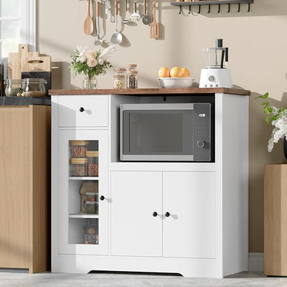 Storage Cabinet with Adjustable Shelves & Microwave Stand, Buffet Sideboard with Drawer, Single and Double Doors for Kitchen, Dining Room, White & Walnut