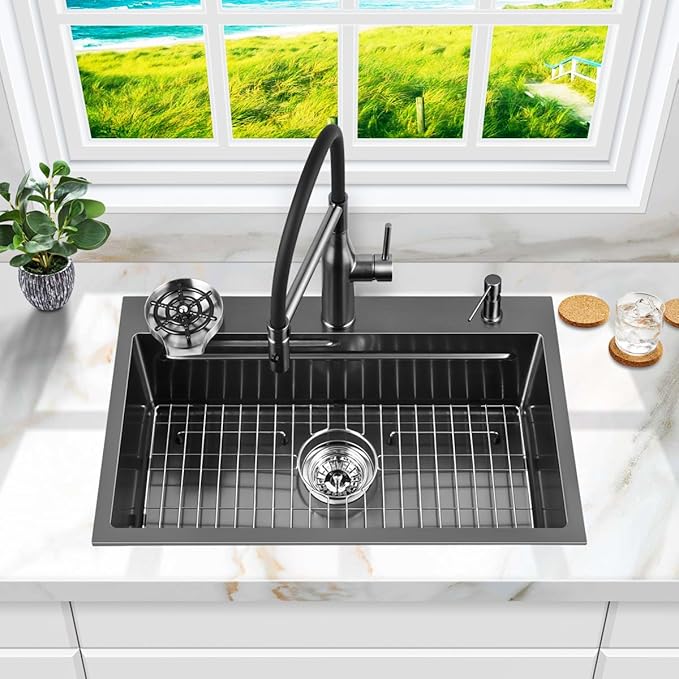 FRANIC 29" Handmade Black Bar Workstation Sink, 29" x 18" x 8" Stainless Steel Matte Nano Black Topmount Single Bowl Small Kitchen Outdoor Sink