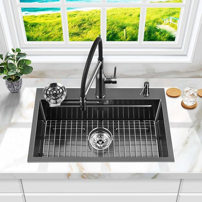 FRANIC 29" Handmade Black Bar Workstation Sink, 29" x 18" x 8" Stainless Steel Matte Nano Black Topmount Single Bowl Small Kitchen Outdoor Sink