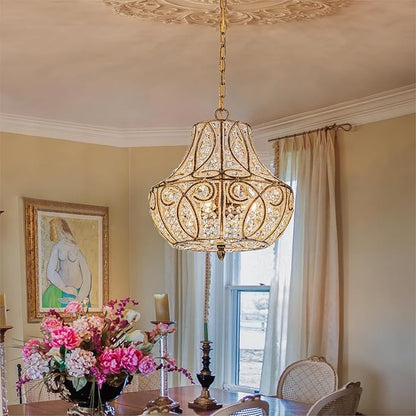 4-Light Antique Gold Gourd Beaded Chandelier, 13" Vintage Crystal Pendant Lighting Fixture for Dining Room, Living Room, Kitchen Island, Bedroom