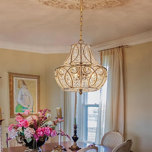 4-Light Antique Gold Gourd Beaded Chandelier, 13" Vintage Crystal Pendant Lighting Fixture for Dining Room, Living Room, Kitchen Island, Bedroom