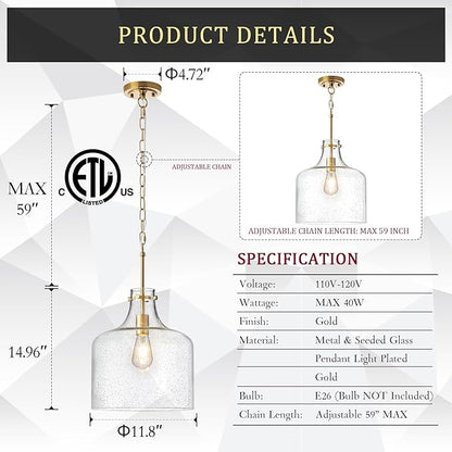 CATINER 12" Gold Glass Pendant Light, Seeded Bubble Shade Modern Farmhouse Hanging Light for Kitchen Island, Dining Room, E26 Dimmable Ceiling Fixture