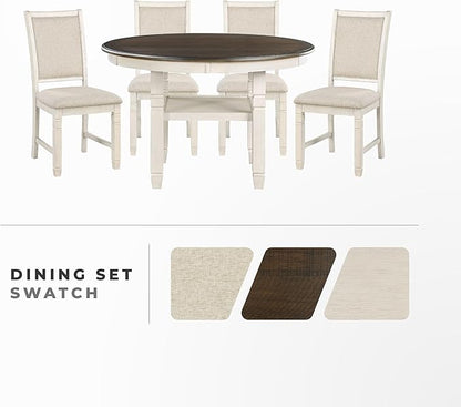 Lexicon Braun 5 Piece Dining Table Set, Dining Room Set for 4, Including 1 Round Kitchen Table with Storage Shelf and 4 Beige Fabric Upholstered Chairs, Antique White/Brown