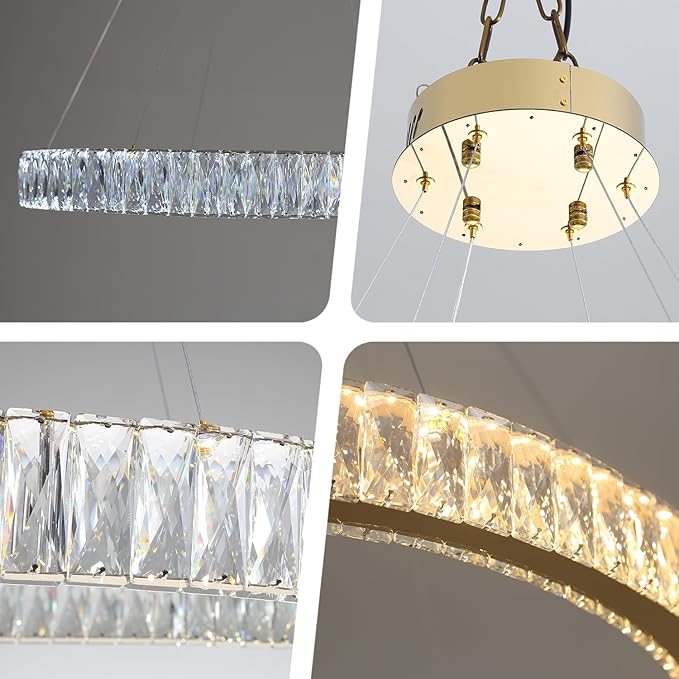 Modern LED Dimmable Crystal Chandelier 39.4" Ring Pendant Light Adjustable Gold Round Crystal Chandelier Light Fixtures for Dining Room Living Room