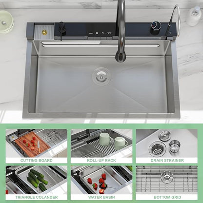 30 Inch Waterfall Kitchen Sink - Beslend 30x19 Drop In Waterfall Sink Workstation Smart Sinks 16 Gauge Stainless Steel Single Bowl Basin with Faucet Combo