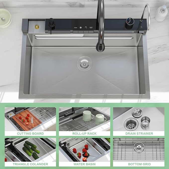 30 Inch Waterfall Kitchen Sink - Beslend 30x19 Drop In Waterfall Sink Stainless Steel Workstation Modern Smart Sinks 16-Gauge Single Bowl with Faucet, Digital Display and Fancy Ambient Light