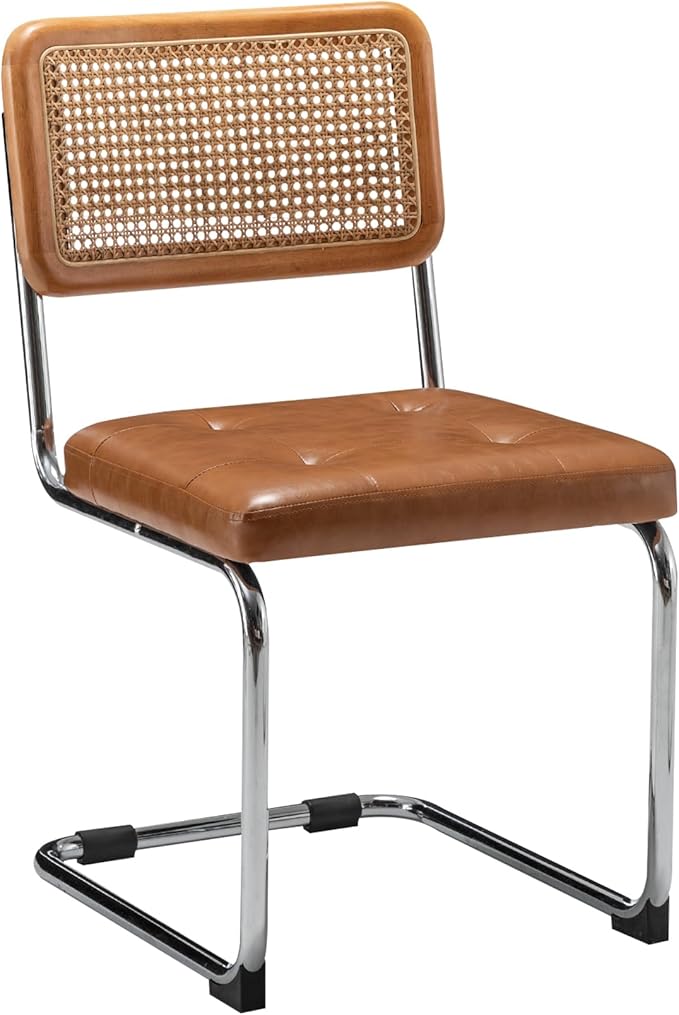 Alunaune Modern Mid Century Brown Dining Chairs Set of 2, Upholstered Natural Rattan Kitchen Chairs, Armless Accent Chair Side Chairs with Metal Chrome Legs for Bedroom Living Room-PU Seat