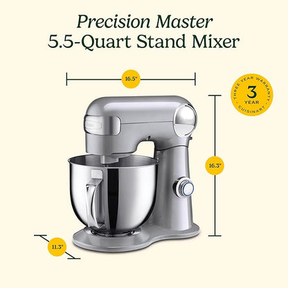 Cuisinart Stand Mixer, 12 Speeds, 5.5-Quart Mixing Bowl, Chef's Whisk, Flat Mixing Paddle, Dough Hook, and Splash Guard with Pour Spout, Silver Lining, SM-50BCNAS, Silver Lining