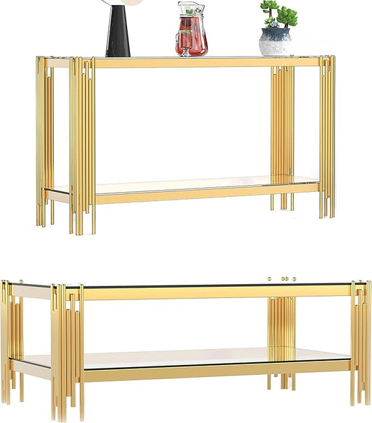 Henf Modern Glass Coffee Table Set with Storage Shlef 2 Piece Gold Living Room Tables Set Including Coffee Sofa Tables Set,Stainless Steel Frame, Tempered Glass Top for Living Room Home Office