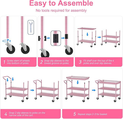 WDT Pink Rolling Utility Cart with Wheels, 990Lbs Heavy Duty Metal Cart with Handle & Shelf Liners, NSF Certified 3-Tier Storage Trolley for Esthetician, Kitchen, Salon & Craft Room, Pink