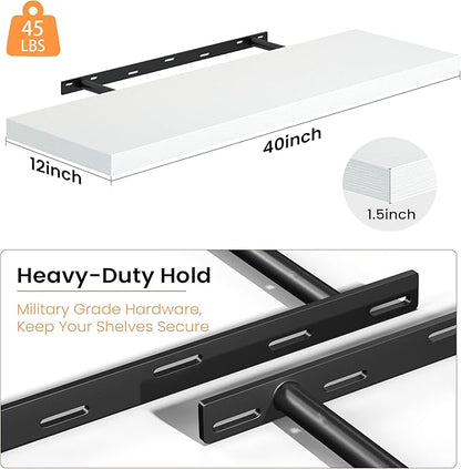 Fun Memories 40 Inch Floating Shelves, 12 Inch Deep Wall Shelves, 40 x 12 Floating Shelf Set of 2, White Wood Floating Shelf Wall Mounted, Large Kitchen Living Room Bedroom Bathroom Storage Shelves