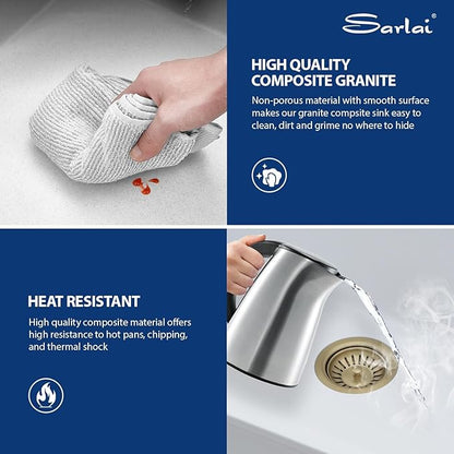 Sarlai Granite Composite Sink 33 Inch Drop In Waterfall Kitchen Sink Workstation Sink with Faucet White Quartz Classic Single Bowl Topmount Multifunction Sinks with Waterfall