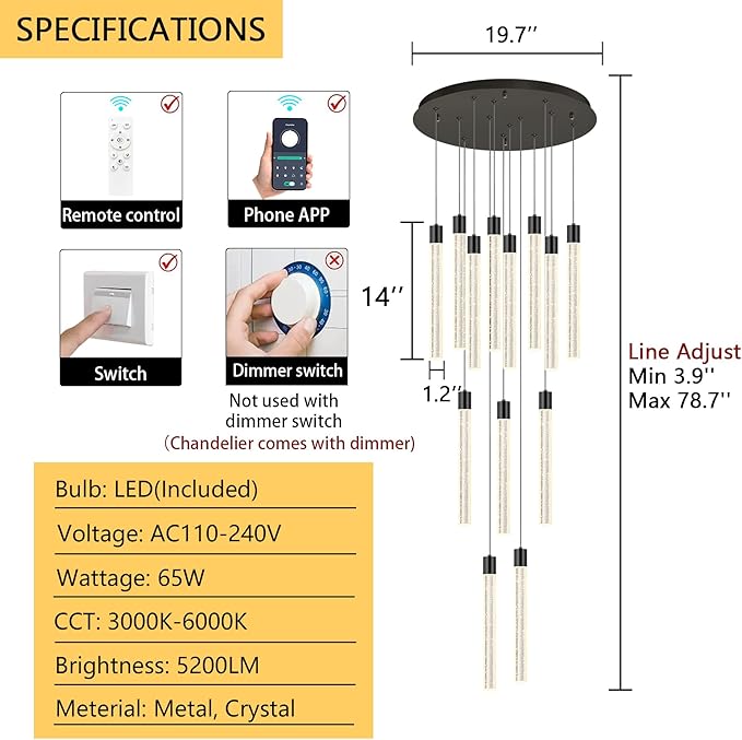 13-Light Long Large Modern Led Crystal Chandeliers Modern Spiral Chandeliers High Ceilings Chandelier for Staircase Foyer Black