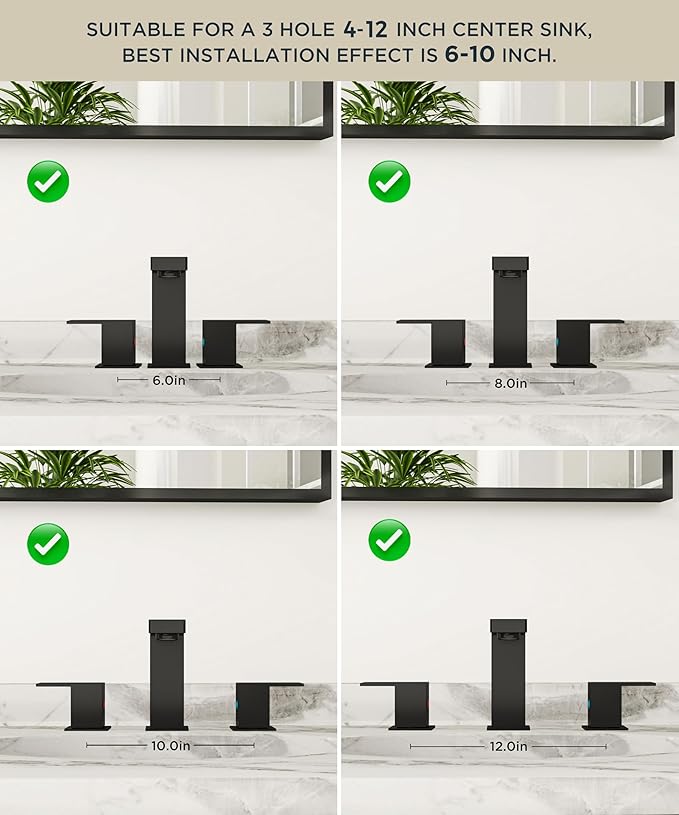 QFN Lead-Free Matte Black Bathroom Faucet 3 Hole, Square Bathroom Sink Faucet 8 Inch Widespread, 2 Handle for 4"-12" Vanity Sink with Metal Pop Up Drain and 24" cUPC Supply Hoses
