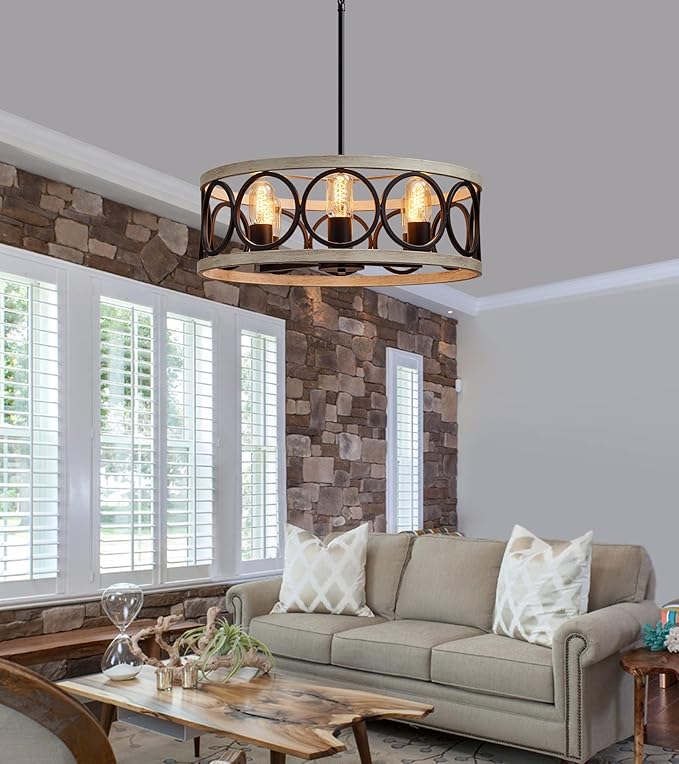 MEIXISUE Modern Farmhouse Drum Chandelier Black and White Birch Finish 6-Lights Round Metal Rustic Vintage Chandelier Light Fixtures for Kitchen Dining Room Living Room Office Hotel Restaurant