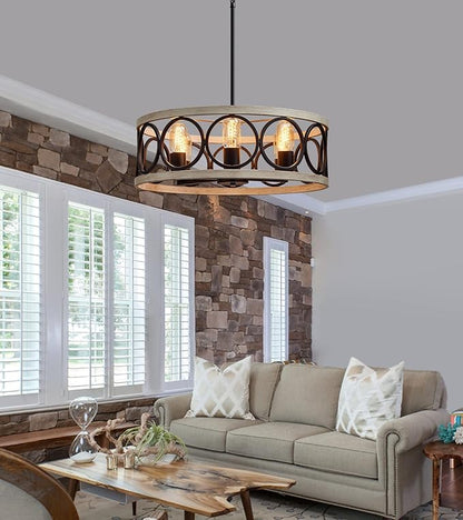 MEIXISUE Modern Farmhouse Drum Chandelier Black and White Birch Finish 6-Lights Round Metal Rustic Vintage Chandelier Light Fixtures for Kitchen Dining Room Living Room Office Hotel Restaurant