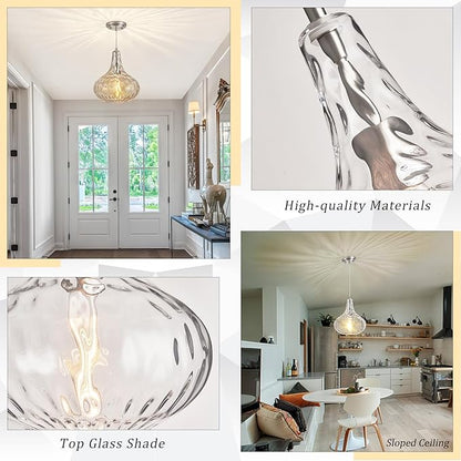 CATINER Glass Pendant Light Brushed Nickel 11-inch Hammered Pendant Lighting for Kitchen Island, Kitchen Sink, Hallway, Living Room