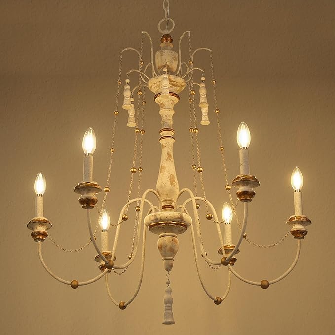 LALUZ Farmhouse Chandelier, 6-Light Distressed Wood Chandeliers for Dining Room, French Country Lighting Lights Fixtures with Bead Strings, 29.1" L x 37.8" H