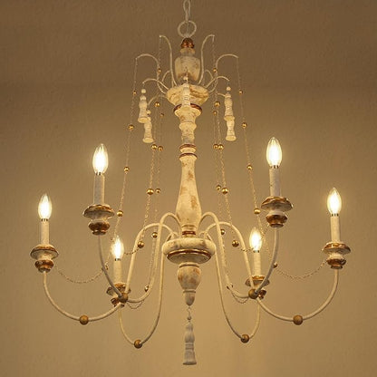 LALUZ Farmhouse Chandelier, 6-Light Distressed Wood Chandeliers for Dining Room, French Country Lighting Lights Fixtures with Bead Strings, 29.1" L x 37.8" H