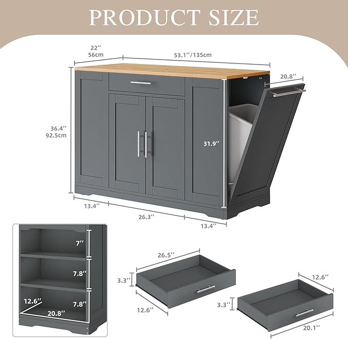 DWVO Large Kitchen Island with Trash Can Cabinet, 53 Inch Kitchen Island on Wheels, Rolling Island with Tilt-Out Garbage Storage Fits 13 Gallon Bin, Spice Rack and Drawer, for Dining Room, Gray
