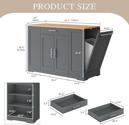 DWVO Large Kitchen Island with Trash Can Cabinet, 53 Inch Kitchen Island on Wheels, Rolling Island with Tilt-Out Garbage Storage Fits 13 Gallon Bin, Spice Rack and Drawer, for Dining Room, Gray