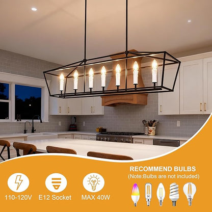VINLUZ 7 Light Dining Room Chandelier in Black and White Finish,E12 Classic Kitchen Island Pendant Lighting Fixture Adjustable Height for Living Room Bedroom