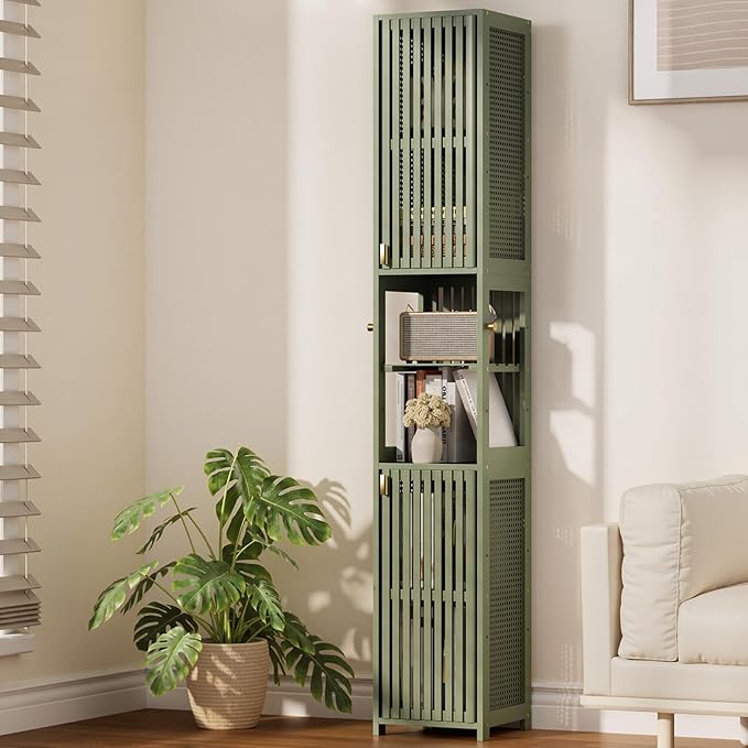 Amazer 70'' Tall Bathroom Storage Cabinet Bamboo, Slim Storage Cabinet with Rattan Door and Adjustable Shelves, Narrow Freestanding Organizer for Living Room Kitchen, Forest Green