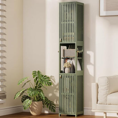 Amazer 70'' Tall Bathroom Storage Cabinet Bamboo, Slim Storage Cabinet with Rattan Door and Adjustable Shelves, Narrow Freestanding Organizer for Living Room Kitchen, Forest Green