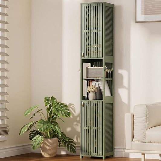 Amazer 70'' Tall Bathroom Storage Cabinet Bamboo, Slim Storage Cabinet with Rattan Door and Adjustable Shelves, Narrow Freestanding Organizer for Living Room Kitchen, Forest Green