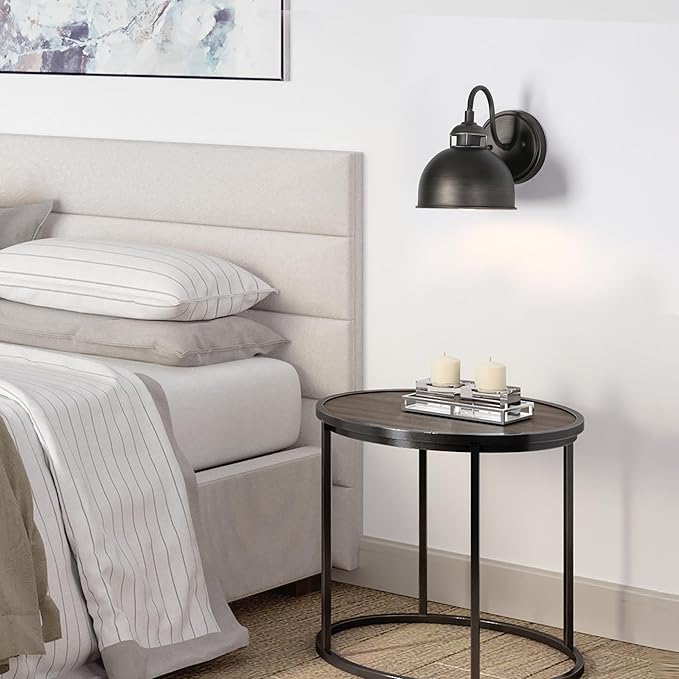 Sconces Wall Lighting, 6.6'' Farmhouse Dome Wall Sconces Indoor, 1-Light Industrial Wall Sconce Light for Bathroom, Kitchen, Bedroom, Living Room, Brushed Aged Silver on Black