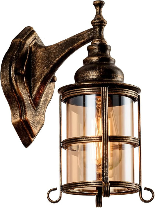 Rustic Amber Glass Wall Sconce 1-Pack, Bronze Brushed, Vintage Farmhouse Lamp Porch Lighting Waterproof Retro Lamp for Indoor Bedroom Living Room Outdoor（NO Bulb）