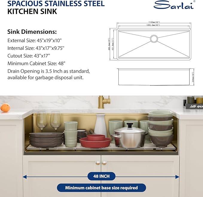 Sarlai 45 Gold Undermount Kitchen Sink - 45x19 Inch Gold Kitchen Sink Workstation Ledge NANO-Tech Sinks Round Corner 16 Gauge Stainless Steel Single Bowl Basin