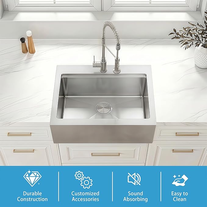 30 Inch Farmhouse Sink, 16 Gauge 304 Stainless Steel Farm Sinks, Drop In Topmount Single Bowl Workstation Sink with all Accessories, 30" x 22" x 10" Large and Deep Kitchen Sink