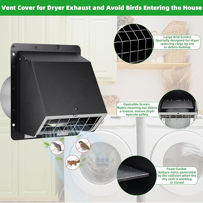 4" Dryer Vent Cover Outdoor,Dryer Vent Covers for Exterior Wall Vent Hood Outlet Air Vent,Dryer Vent Cover Outside,Exterior Dryer Exhaust Vent Cover Cap for House AC,Through Wall Dryer Vent Kit,Black