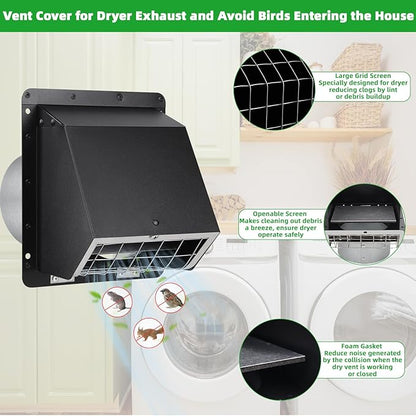 4" Dryer Vent Cover Outdoor,Dryer Vent Covers for Exterior Wall Vent Hood Outlet Air Vent,Dryer Vent Cover Outside,Exterior Dryer Exhaust Vent Cover Cap for House AC,Through Wall Dryer Vent Kit,Black