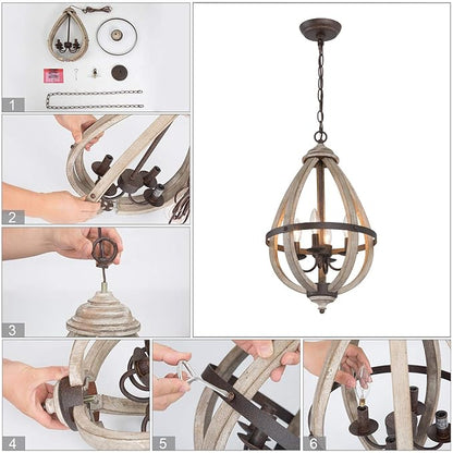 Farmhouse Chandelier, Orb Wood Chandelier, 4-Light Entryway Foyer Lighting with Hand-Brushed Rust Metal Finish, Brown