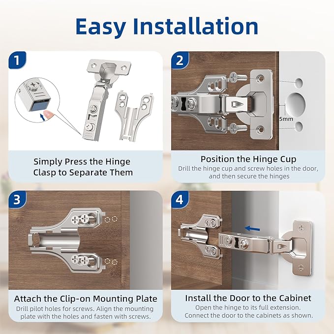 Chibery 4 Pack 3/4" Full Overlay Soft Close Concealed Hinge for Face Frame ＆ Frameless Door, 3D Adjustment, Clip-on Plate, Slow Self Closing Hidden Satin Nickel, 105° Stainless Steel Hinges, 5/8"
