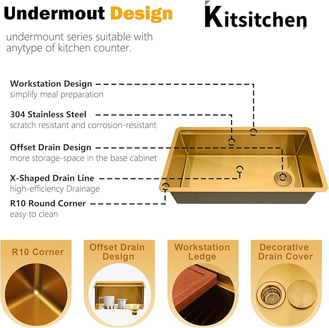 Kitsitchen Gold Undermount Kitchen Sink 33 Inch, 16 Gauge Stainless Steel Undermount Kitchen Sink,Single Bowl Ledge Workstation Handmade Sinks with Custom Accessories & Offset Drain (33" X 18"X 10")