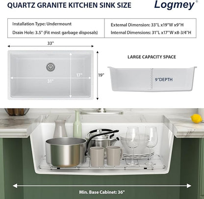Logmey 33" White Granite Composite Undermount Sink,33x19 All in One Workstation Single Bowl Quartz Sinks,Scratch-resistant,Large Deep Under Counter Sink for Minimalist & Scandinavian Style Kitchen