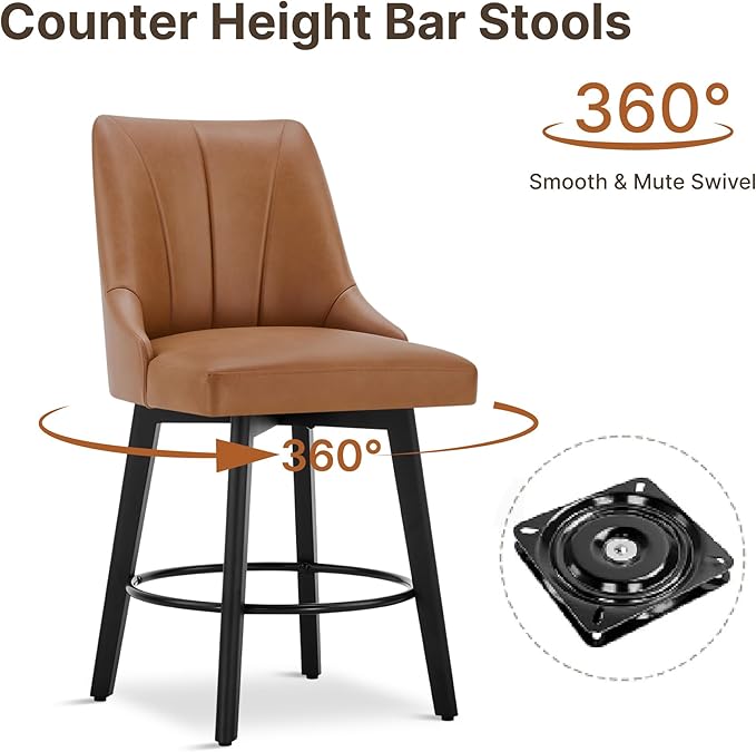 24" Counter Height Bar Stools Set of 2, Swivel Bar Stools with Backs, Faux Leather Upholstered Counter Barstools with Solid Wood Legs for Kitchen Island,Brown
