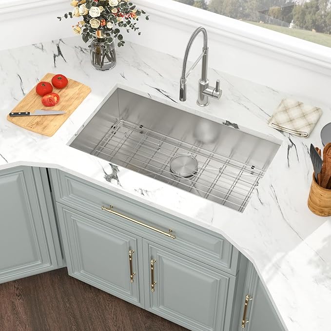 Kichae 32 Inch Undermoun Kitchen Sink Single Bowl Stainless Steel Undermount 16 Gauge Round Corner Handmade Modern Rectangular Under Counter Kitchen Sinks