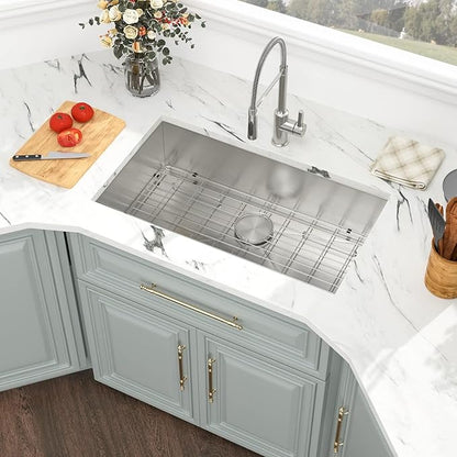 Kichae 32 Inch Undermoun Kitchen Sink Single Bowl Stainless Steel Undermount 16 Gauge Round Corner Handmade Modern Rectangular Under Counter Kitchen Sinks