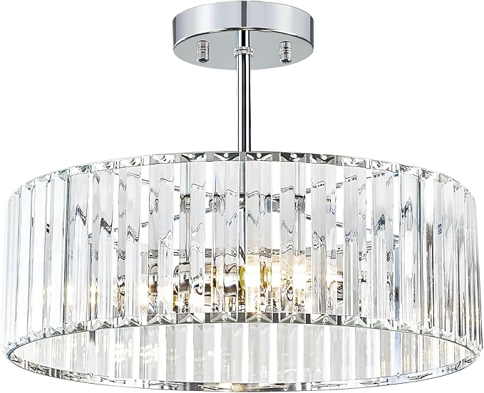 Pevfah Crystal Chrome Ceiling Light, Modern Semi Flush Mount Ceiling Lighting Fixture, Round Hallway Lighting Fixtures Chandelier for Kitchen Entryway Bedroom Dining Room, 3-Light, 15.7 Inch